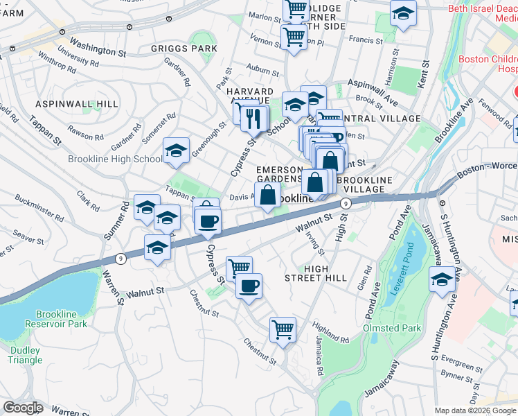 map of restaurants, bars, coffee shops, grocery stores, and more near 88 Davis Avenue in Brookline