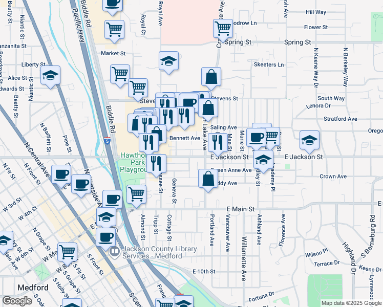 map of restaurants, bars, coffee shops, grocery stores, and more near 825 East Jackson Street in Medford
