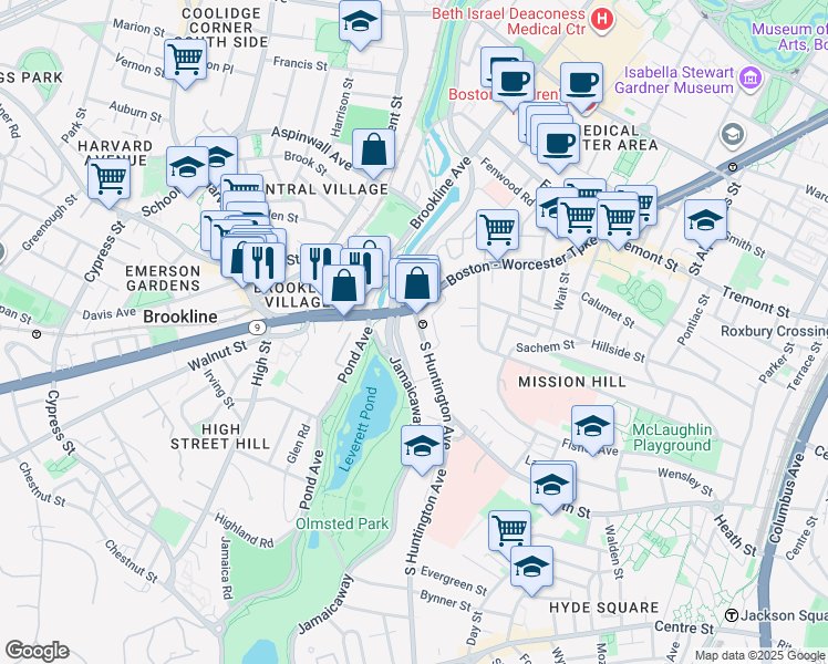map of restaurants, bars, coffee shops, grocery stores, and more near 29 South Huntington Avenue in Boston