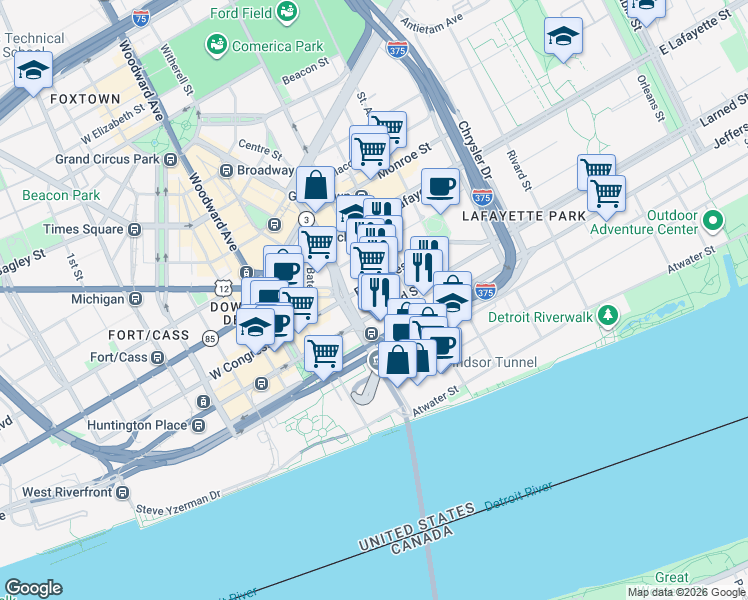 map of restaurants, bars, coffee shops, grocery stores, and more near 400 East Congress Street in Detroit