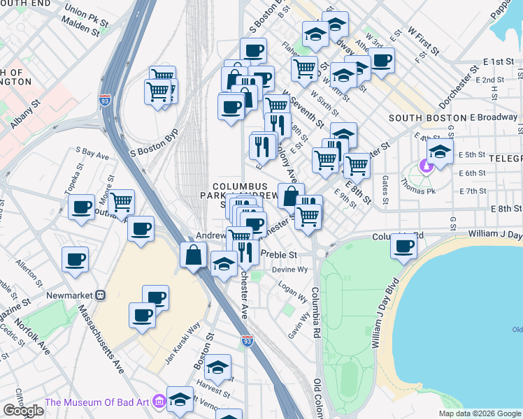 map of restaurants, bars, coffee shops, grocery stores, and more near 32 Woodward Street in Boston