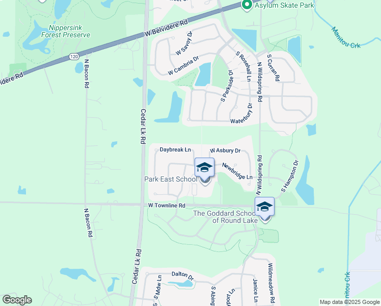 map of restaurants, bars, coffee shops, grocery stores, and more near 439 Daybreak Lane in Round Lake