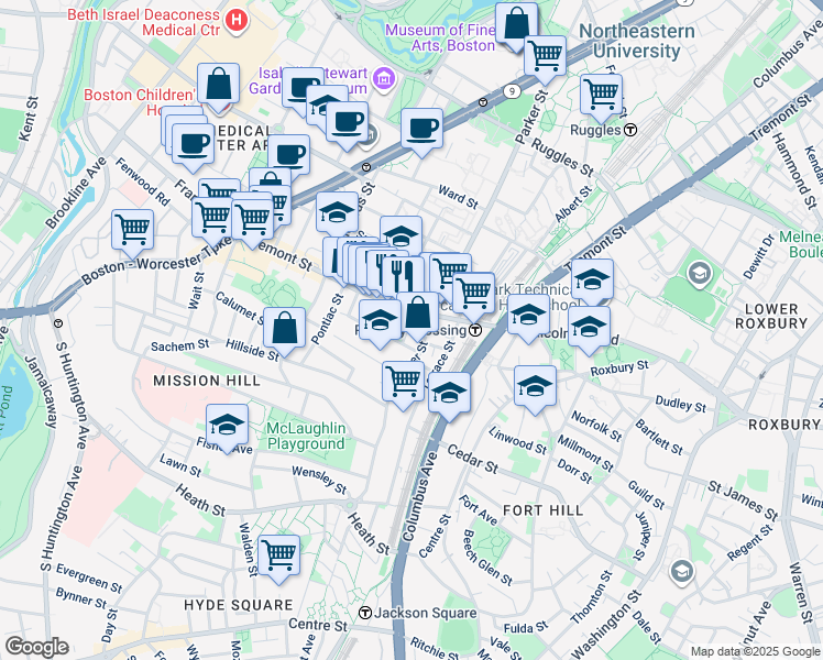 map of restaurants, bars, coffee shops, grocery stores, and more near in Boston