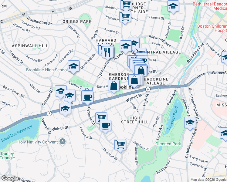 map of restaurants, bars, coffee shops, grocery stores, and more near 88 Davis Avenue in Brookline