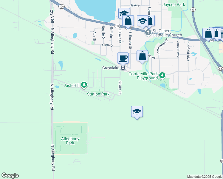 map of restaurants, bars, coffee shops, grocery stores, and more near 64 Village Station Lane in Grayslake