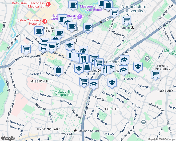 map of restaurants, bars, coffee shops, grocery stores, and more near 3 Morton Place in Boston