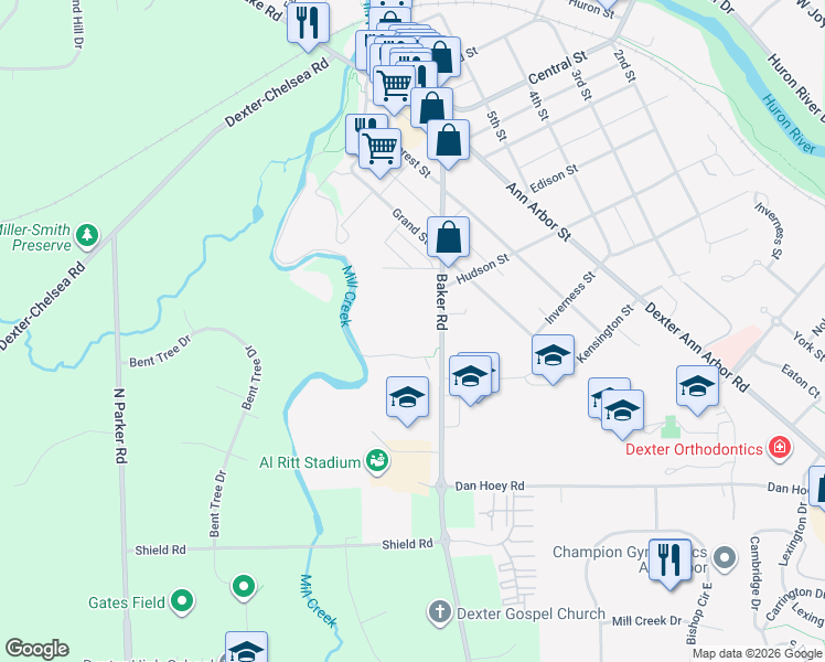 map of restaurants, bars, coffee shops, grocery stores, and more near 2801 Baker Road in Dexter