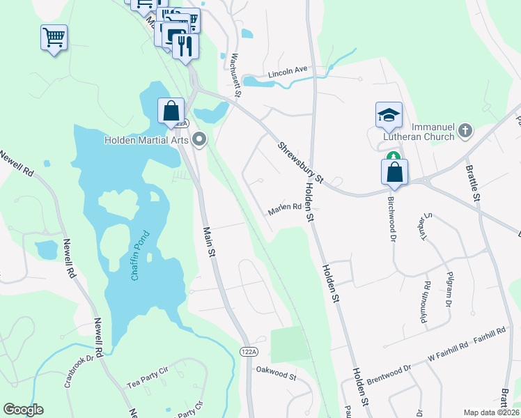 map of restaurants, bars, coffee shops, grocery stores, and more near 93 Homestead Rd in Holden