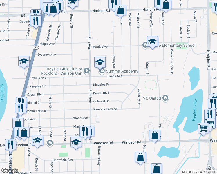 map of restaurants, bars, coffee shops, grocery stores, and more near 1127 Kingsley Drive in Machesney Park