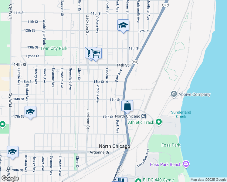 map of restaurants, bars, coffee shops, grocery stores, and more near 1526 Park Avenue in North Chicago