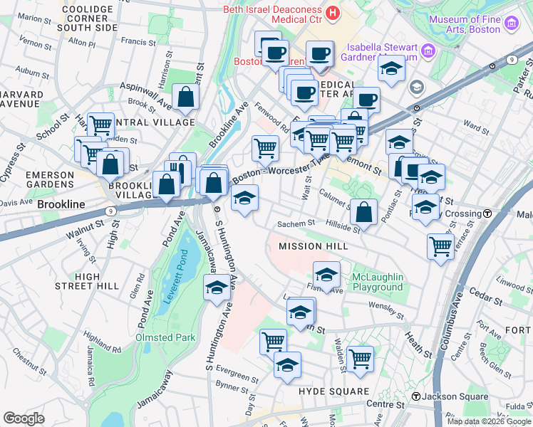 map of restaurants, bars, coffee shops, grocery stores, and more near 11 Sunset Street in Boston