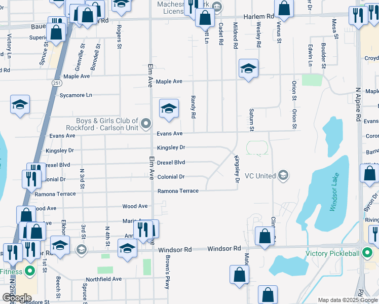 map of restaurants, bars, coffee shops, grocery stores, and more near 1127 Kingsley Drive in Machesney Park