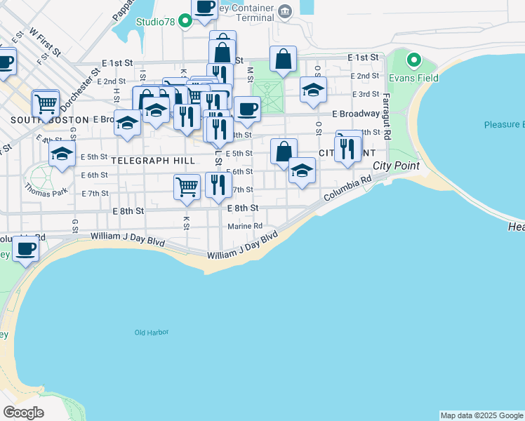 map of restaurants, bars, coffee shops, grocery stores, and more near 1 Hardy Street in Boston