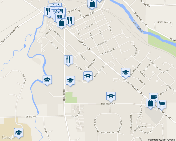 map of restaurants, bars, coffee shops, grocery stores, and more near 3030 Inverness Street in Dexter