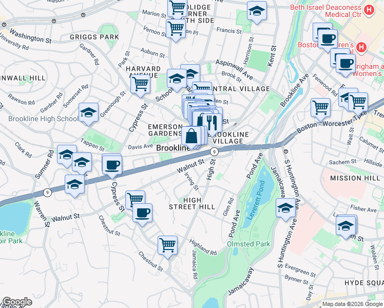 map of restaurants, bars, coffee shops, grocery stores, and more near 71 Massachusetts 9 in Brookline