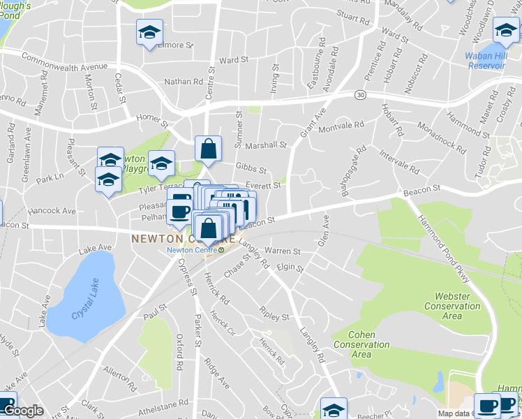 map of restaurants, bars, coffee shops, grocery stores, and more near 62 Dalton Road in Newton