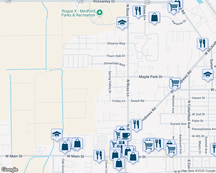 map of restaurants, bars, coffee shops, grocery stores, and more near 665 Spring Valley Drive in Medford