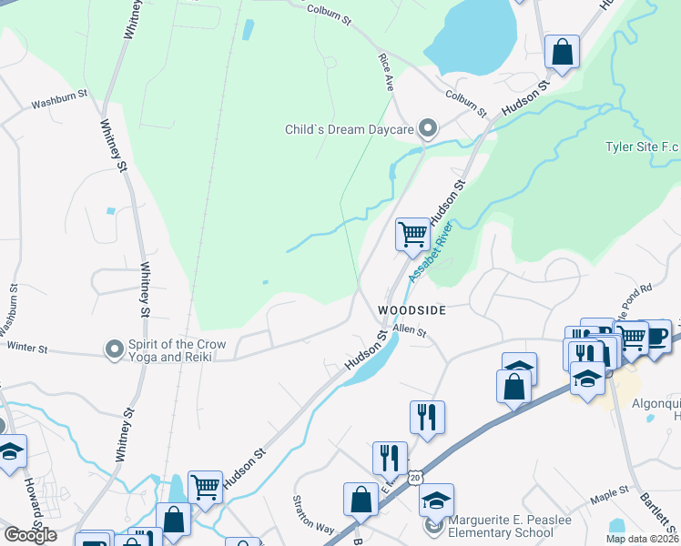 map of restaurants, bars, coffee shops, grocery stores, and more near 125 Rice Avenue in Northborough