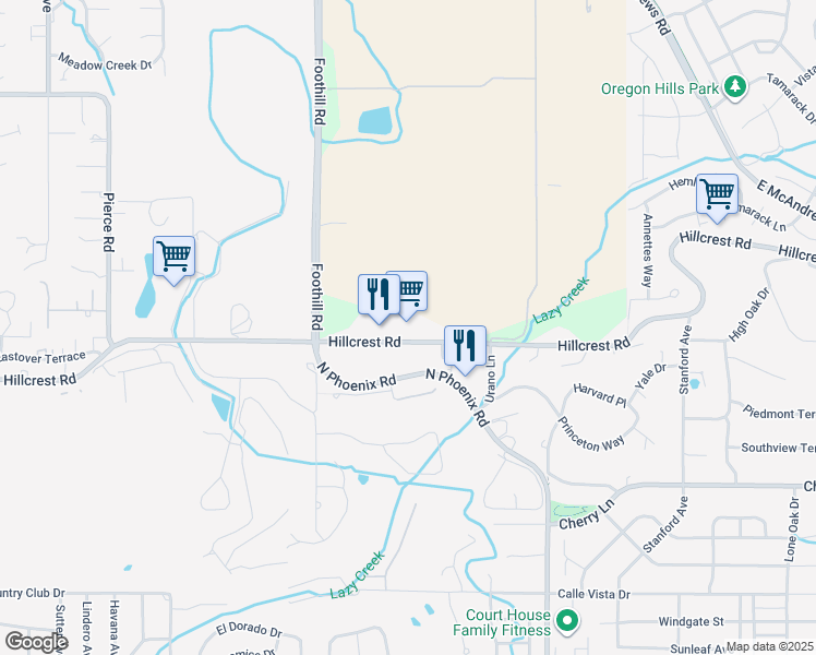map of restaurants, bars, coffee shops, grocery stores, and more near 3285 Hillcrest Road in Medford