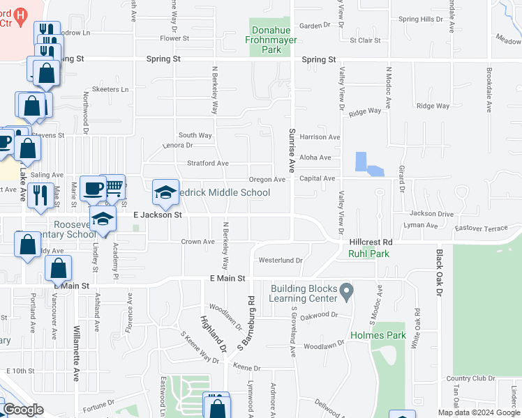 map of restaurants, bars, coffee shops, grocery stores, and more near 1917 East Jackson Street in Medford