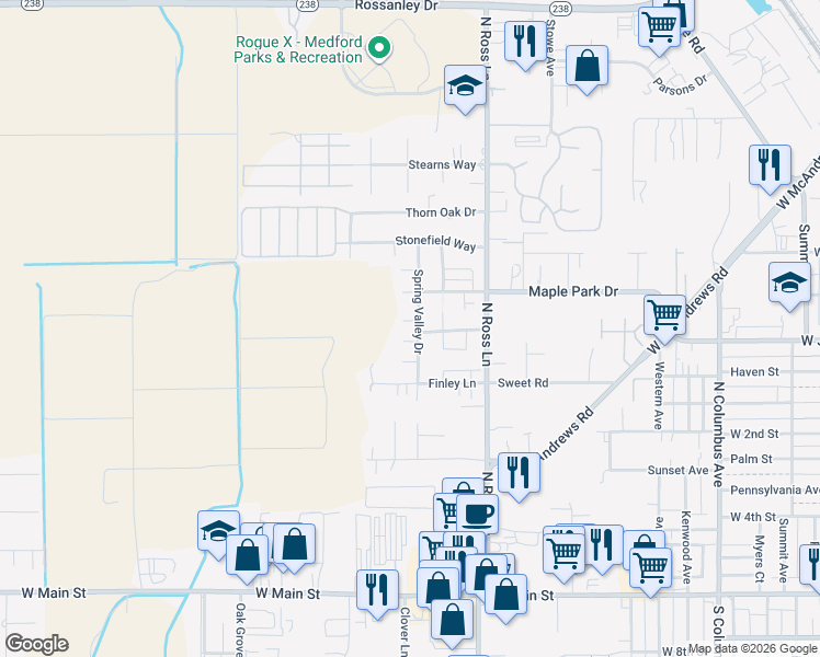 map of restaurants, bars, coffee shops, grocery stores, and more near 665 Spring Valley Drive in Medford