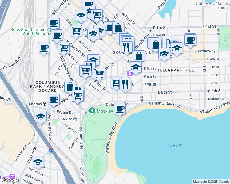 map of restaurants, bars, coffee shops, grocery stores, and more near 99 Old Harbor Street in Boston
