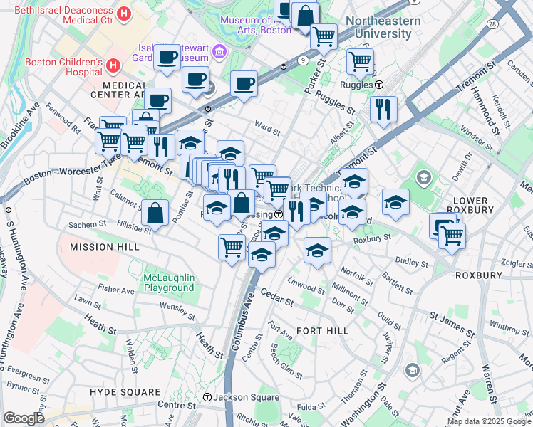 map of restaurants, bars, coffee shops, grocery stores, and more near 1400 Tremont Street in Boston