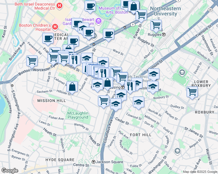 map of restaurants, bars, coffee shops, grocery stores, and more near 3 Morton Place in Boston