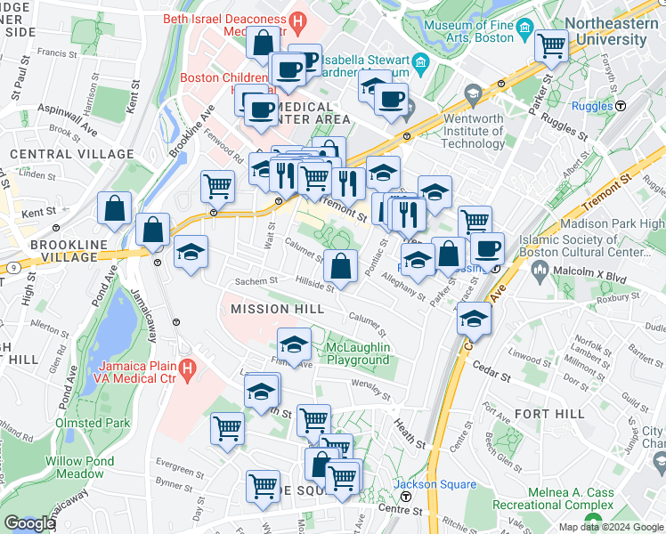 map of restaurants, bars, coffee shops, grocery stores, and more near 101 Calumet Street in Boston