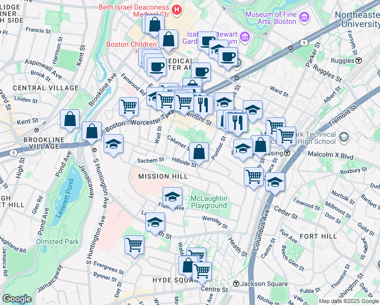 map of restaurants, bars, coffee shops, grocery stores, and more near 101 Calumet Street in Boston