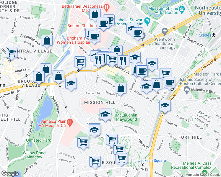 map of restaurants, bars, coffee shops, grocery stores, and more near 5 Oswald Street in Boston