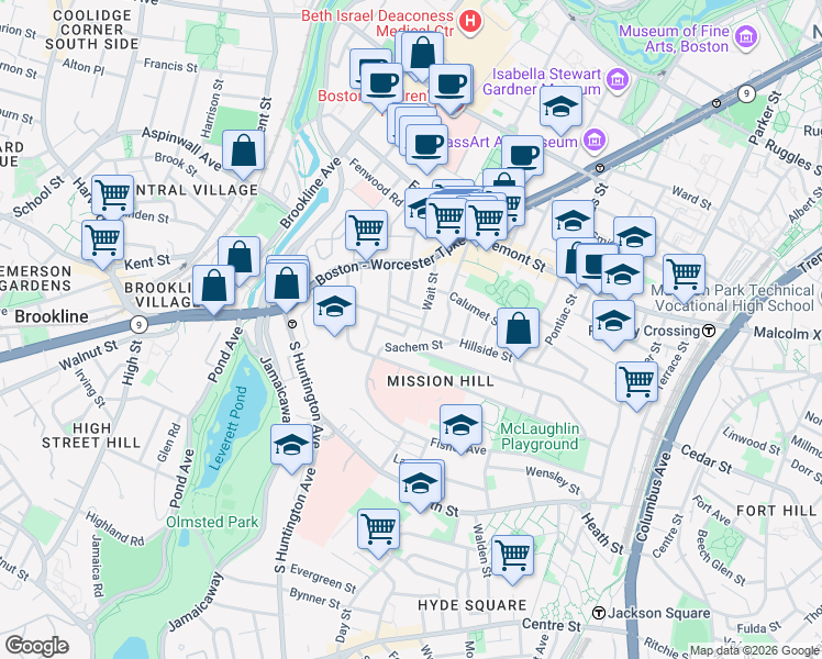 map of restaurants, bars, coffee shops, grocery stores, and more near 168 Hillside Street in Boston