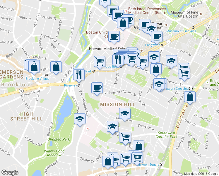 map of restaurants, bars, coffee shops, grocery stores, and more near 168 Hillside Street in Boston