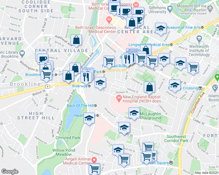 map of restaurants, bars, coffee shops, grocery stores, and more near 11 Sunset Street in Boston