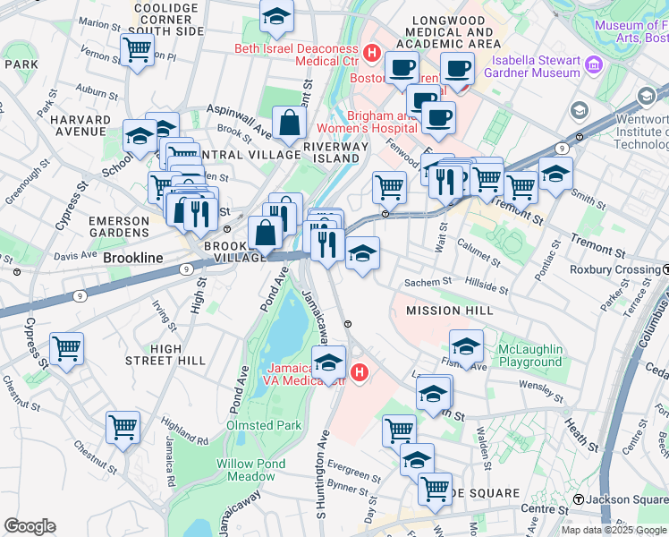 map of restaurants, bars, coffee shops, grocery stores, and more near 25-25A South Huntington Avenue in Boston