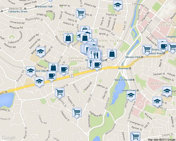 map of restaurants, bars, coffee shops, grocery stores, and more near 69 Boylston Street in Brookline