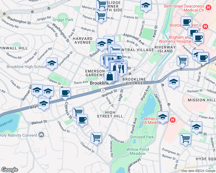 map of restaurants, bars, coffee shops, grocery stores, and more near 81 Boylston Street in Brookline