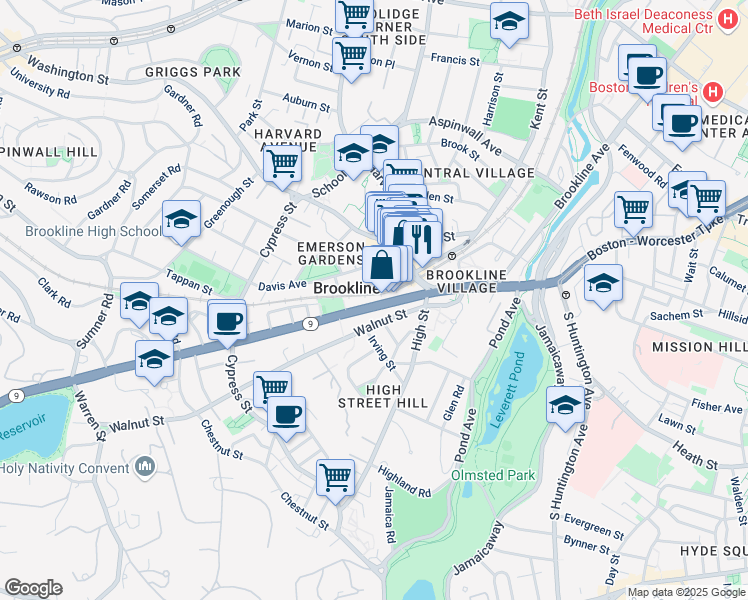 map of restaurants, bars, coffee shops, grocery stores, and more near 71 Massachusetts 9 in Brookline