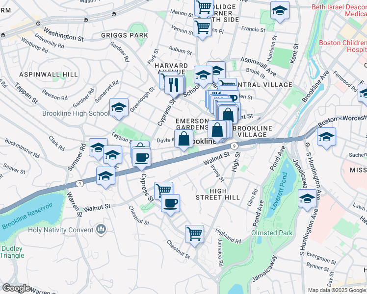 map of restaurants, bars, coffee shops, grocery stores, and more near 88 Davis Avenue in Brookline