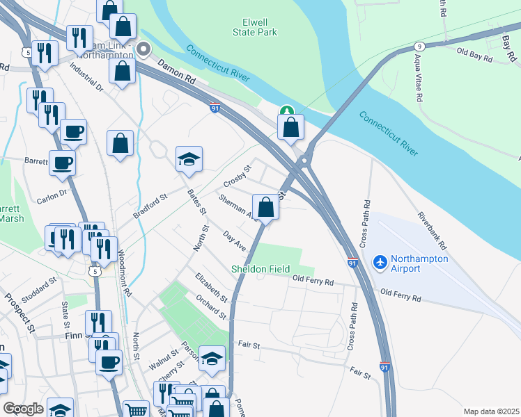 map of restaurants, bars, coffee shops, grocery stores, and more near 15 Sherman Avenue in Northampton