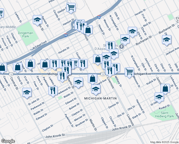 map of restaurants, bars, coffee shops, grocery stores, and more near in Detroit