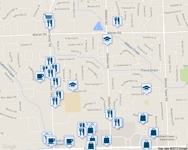 map of restaurants, bars, coffee shops, grocery stores, and more near 6607 Sturbridge Lane in Canton
