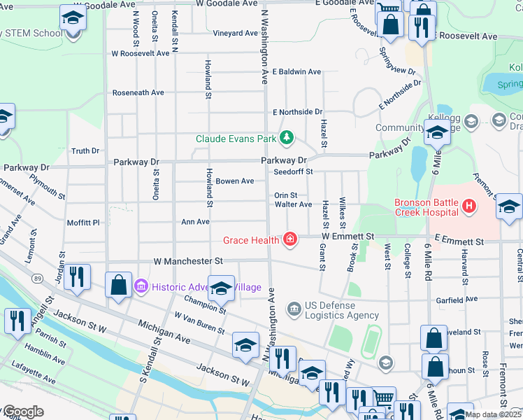 map of restaurants, bars, coffee shops, grocery stores, and more near 17 Greenwood Avenue in Battle Creek