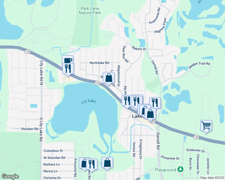map of restaurants, bars, coffee shops, grocery stores, and more near 317 Riverside Drive in Lakemoor