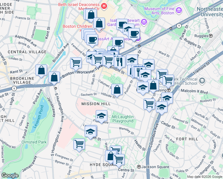 map of restaurants, bars, coffee shops, grocery stores, and more near 101 Calumet Street in Boston