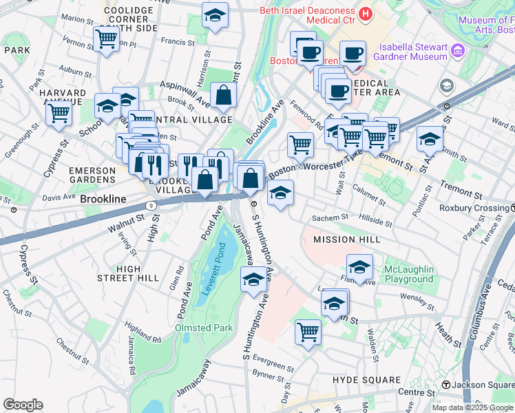 map of restaurants, bars, coffee shops, grocery stores, and more near 25-25A South Huntington Avenue in Boston