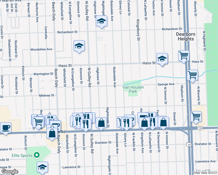 map of restaurants, bars, coffee shops, grocery stores, and more near 6090 Nightingale St in Dearborn Heights