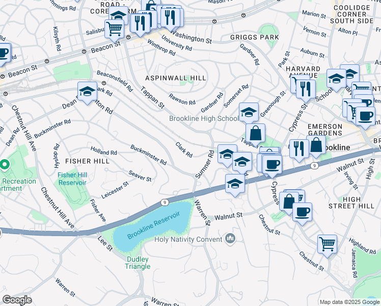map of restaurants, bars, coffee shops, grocery stores, and more near 129 Clark Road in Brookline