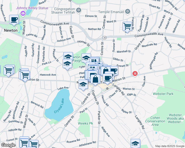 map of restaurants, bars, coffee shops, grocery stores, and more near 1199 Centre Street in Newton