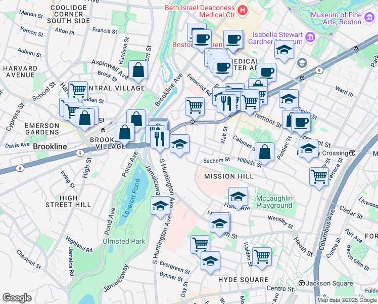 map of restaurants, bars, coffee shops, grocery stores, and more near 44 Parker Hill Avenue in Boston